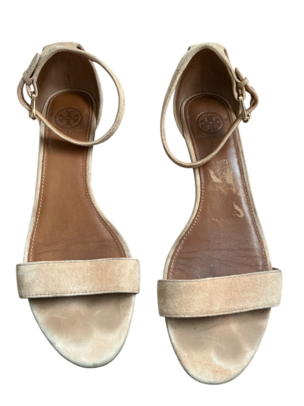 Tori Burch Women's Tan Suede Ankle Strap Wedge Sandals Size 9 Beige